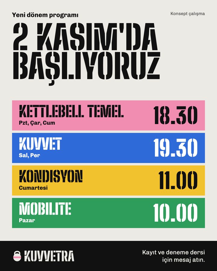 Yeni dönem programı: kettlebell temel 18.30, kuvvet 19.30, kondisyon 11.00, mobilite 10.00